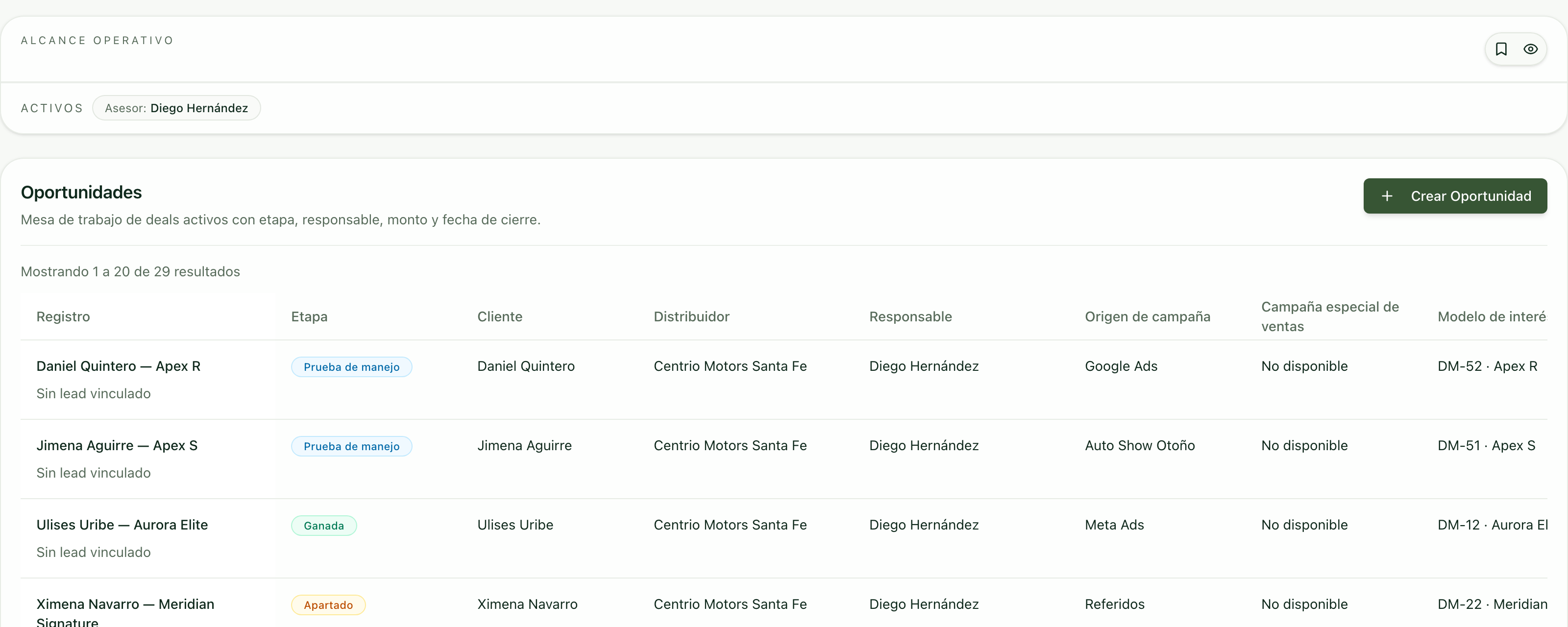 Lista de oportunidades con el botón Crear Oportunidad