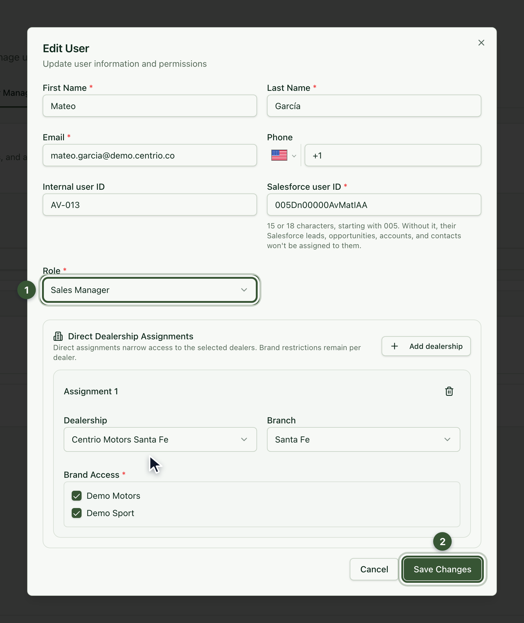 Edit User form with the role and the Save Changes button highlighted