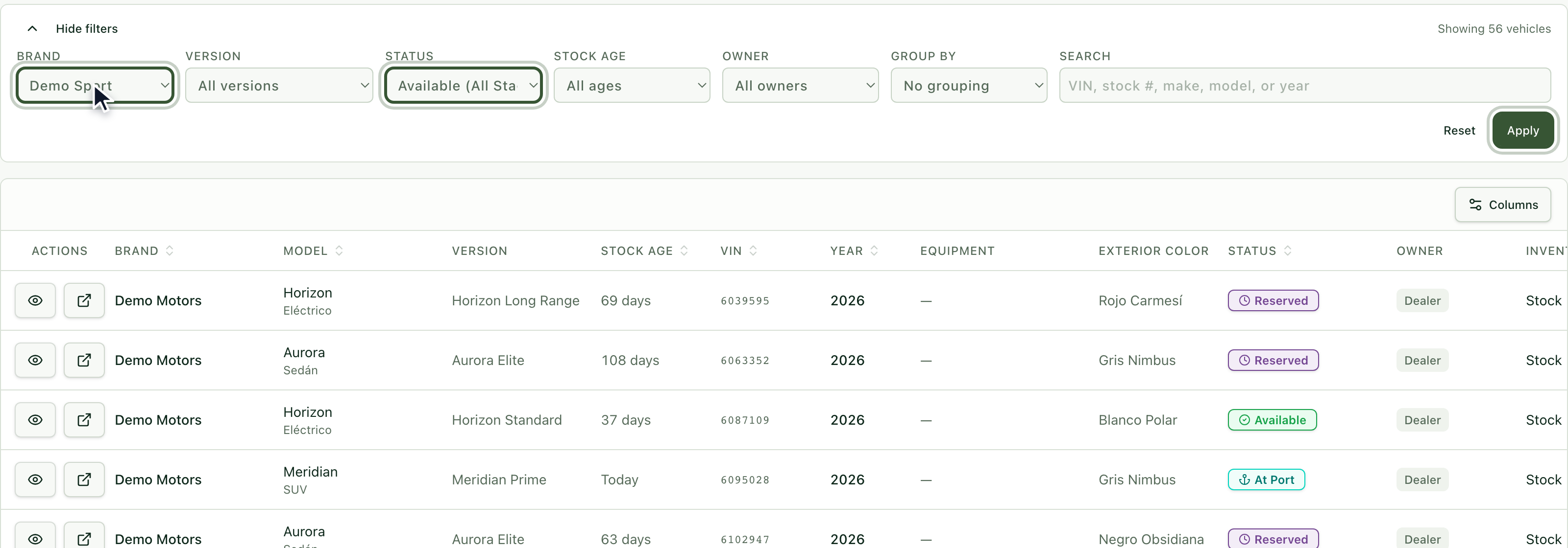 Inventory filters with Brand and Status highlighted and the Apply button