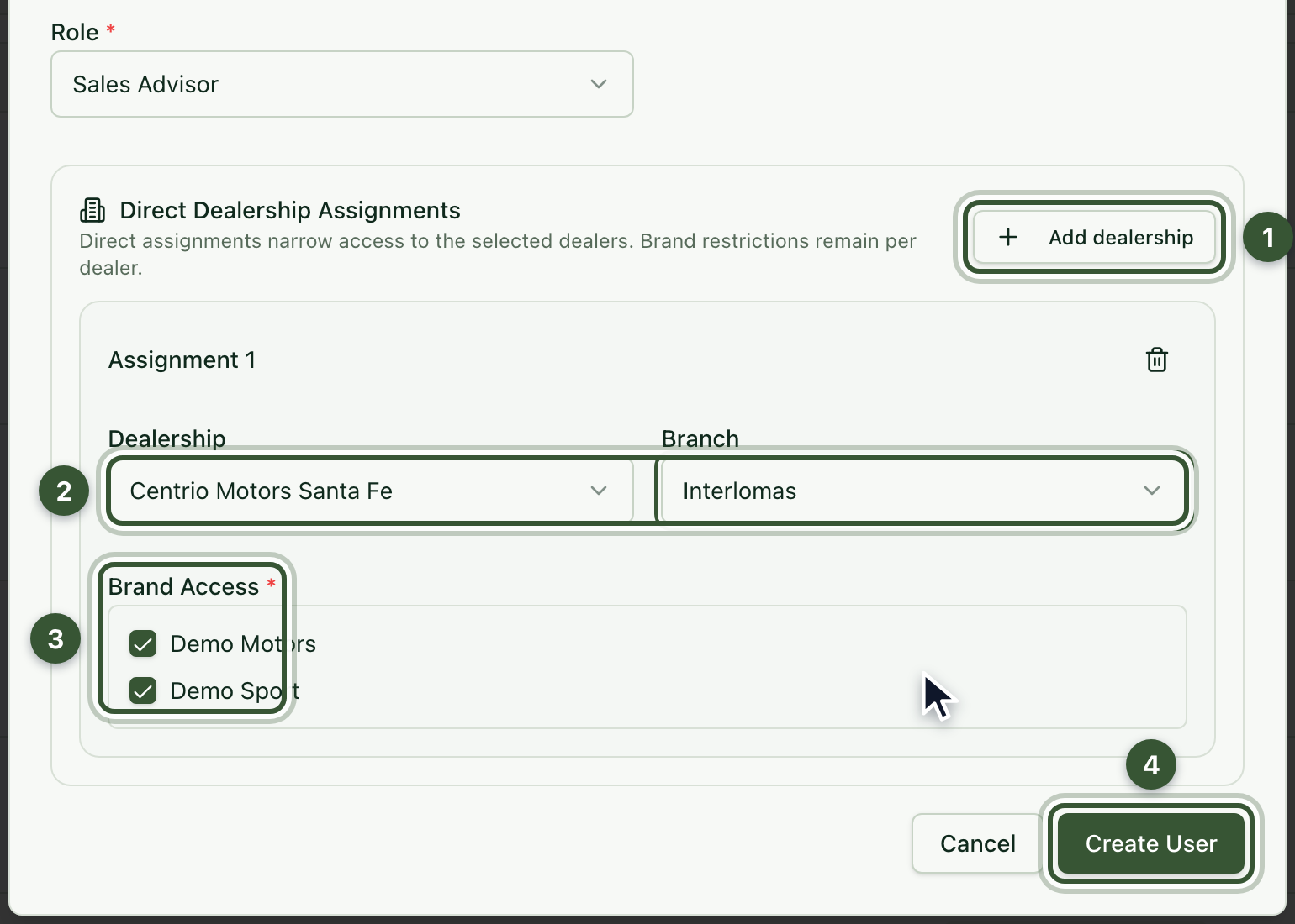 Assignment section with dealership, branch, brand access and the Create User button