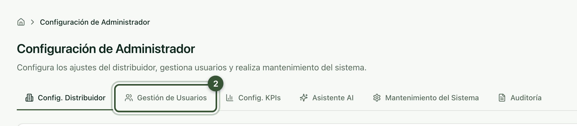 Pestaña Gestión de Usuarios en Configuración de Administrador