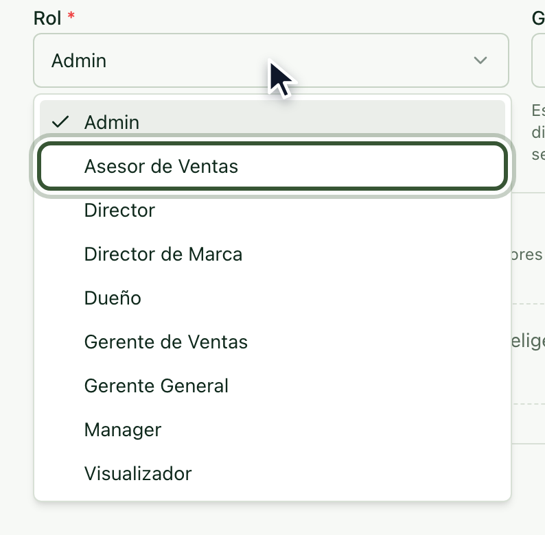 Lista de roles con Asesor de Ventas resaltado
