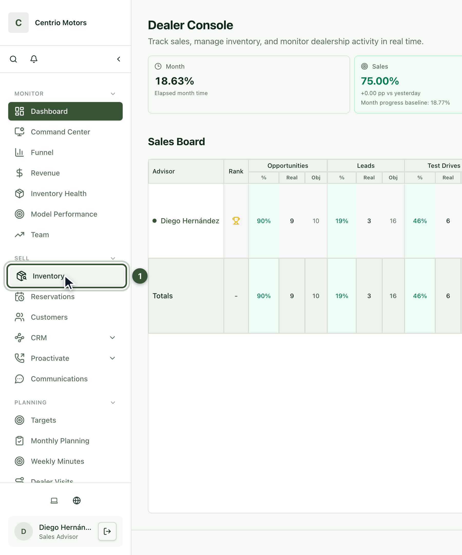 Sidebar with Inventory highlighted in the Sell section