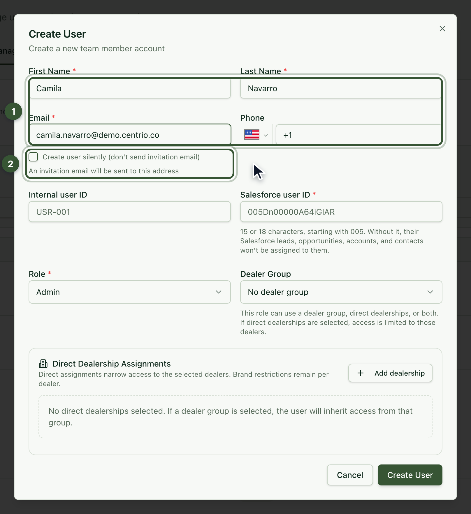 Create User form with name, last name, email and the invitation checkbox