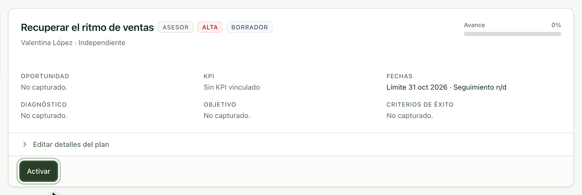 Encabezado del plan en borrador con el botón Activar