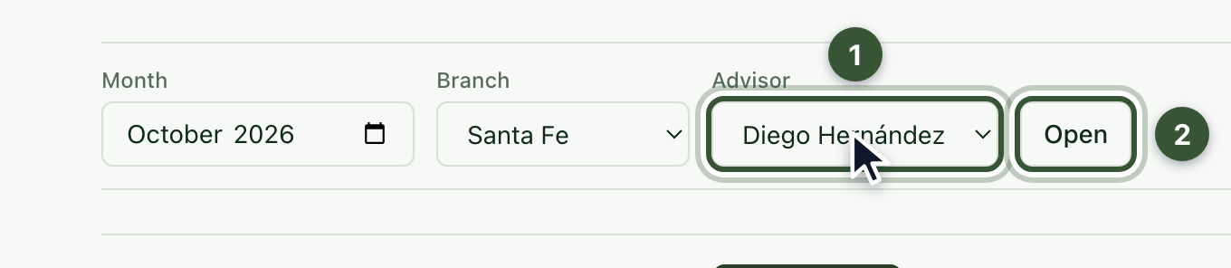 Month, branch and advisor filters with the Open button