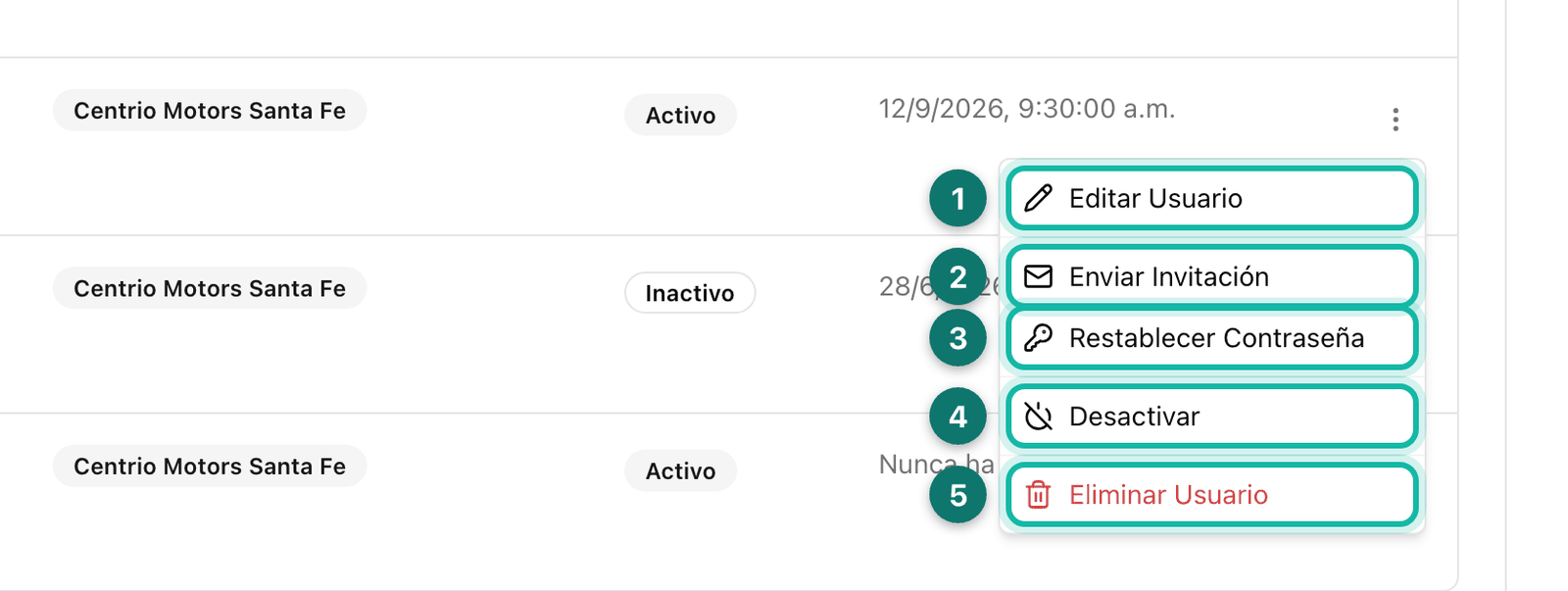 A user's actions menu