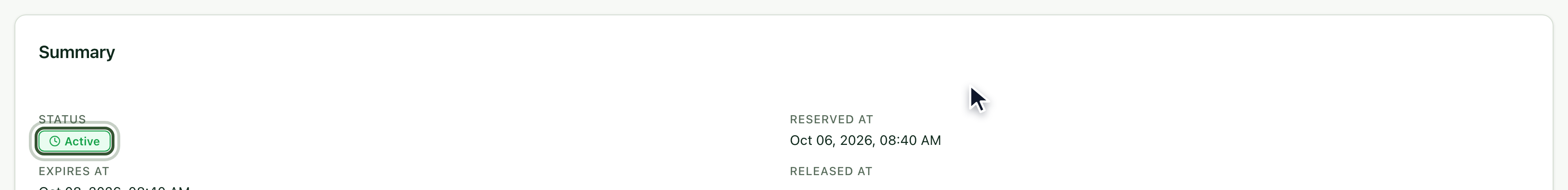 Reservation summary with the Active status