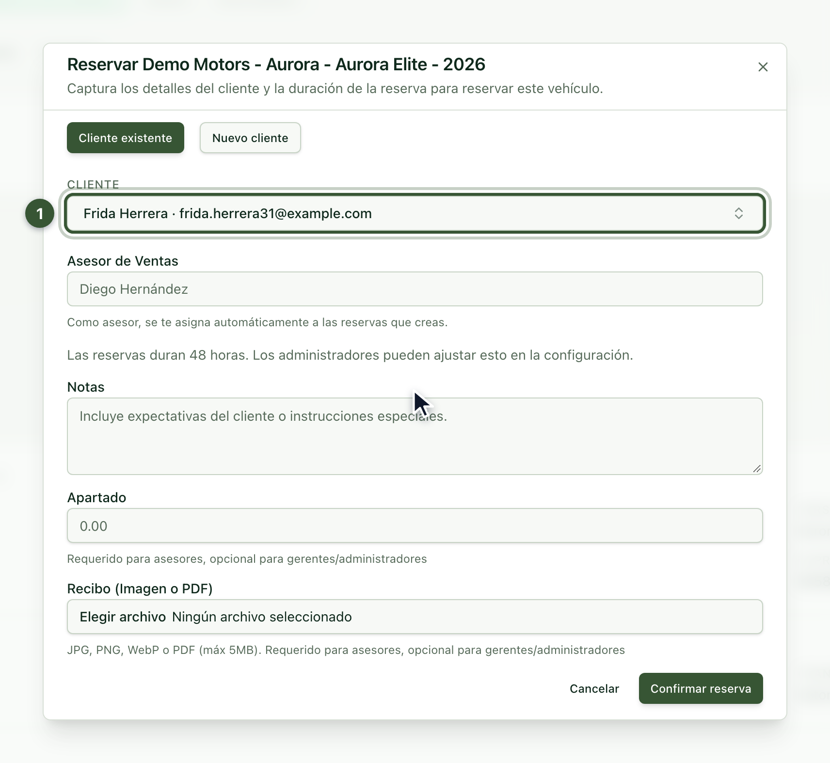 Diálogo de reserva con el cliente elegido en la lista