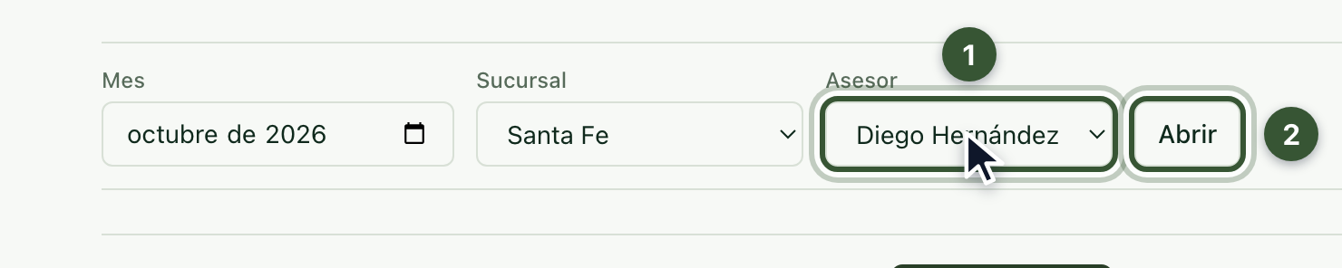 Filtros de mes, sucursal y asesor con el botón Abrir