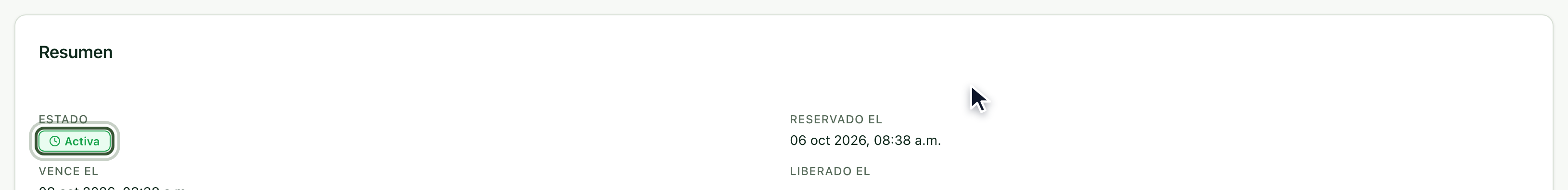 Resumen de la reserva con el estado Activa