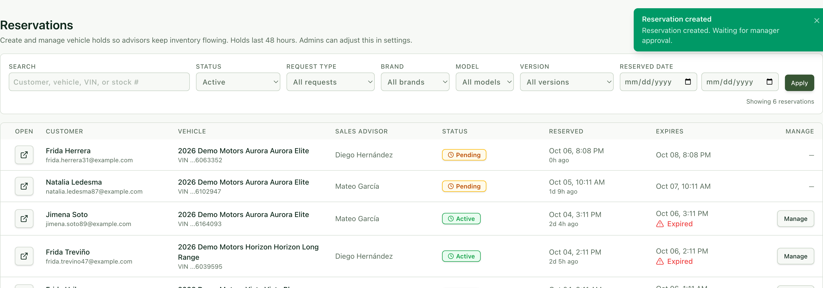 Reservations list with the new reservation in Pending status