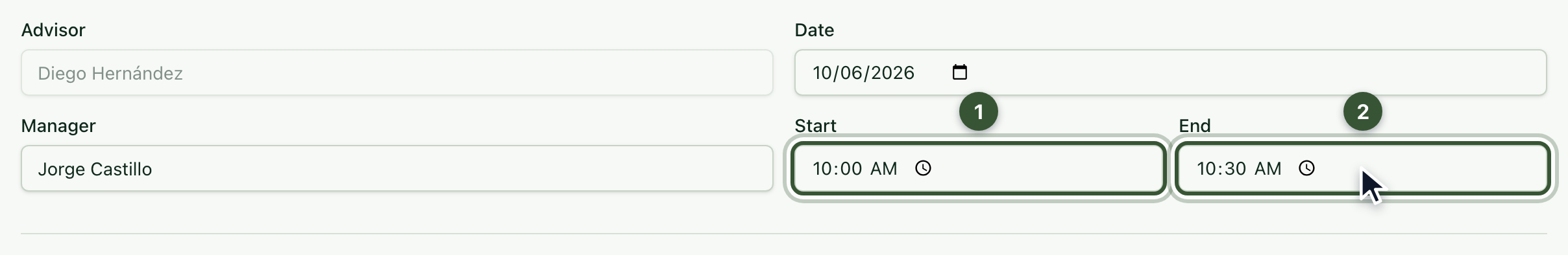 Minutes header with date, manager and the start and end times