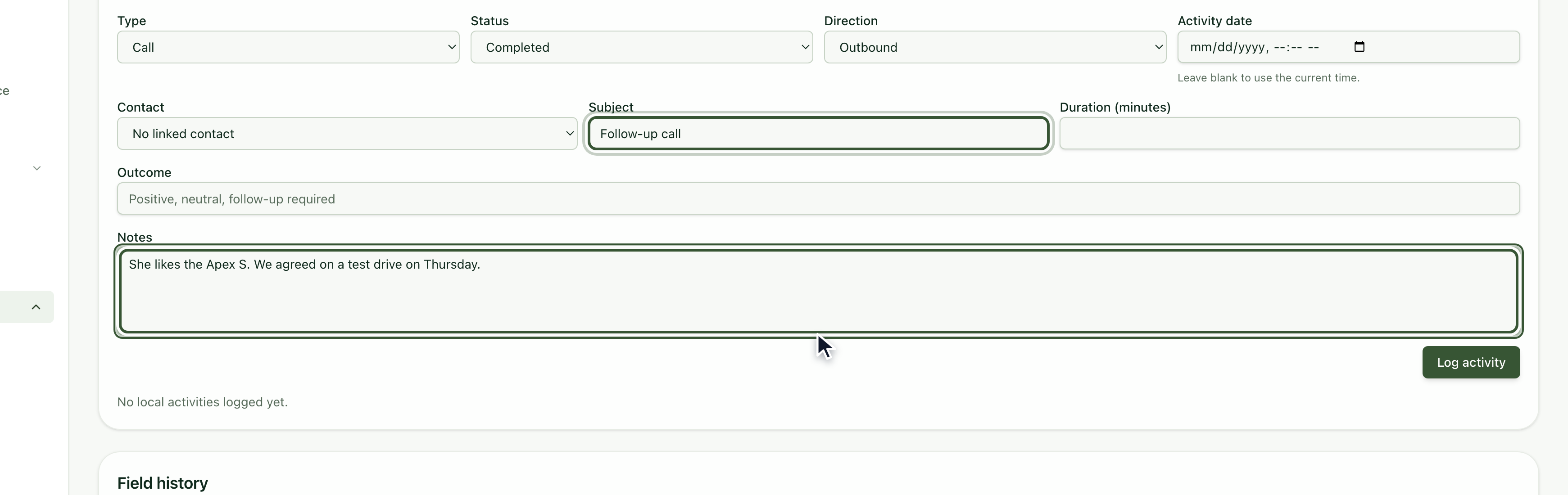 Activity Composer tab with subject and notes filled in