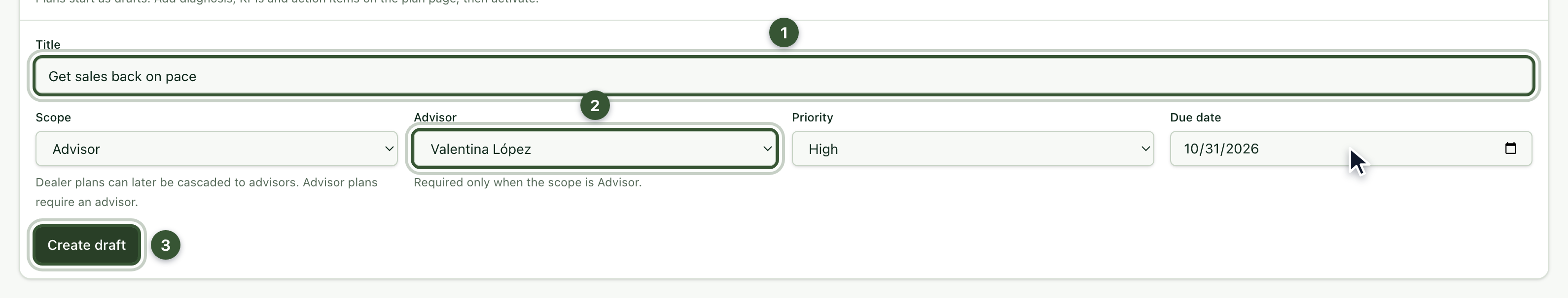 Form to create an action plan with title, scope, advisor, priority and due date
