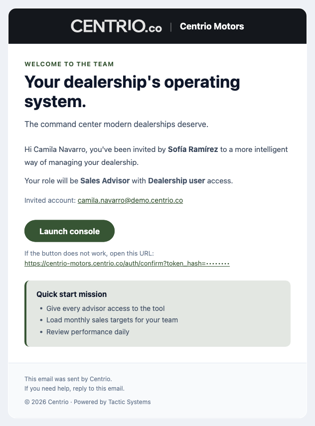 Invitation email with the Launch console button