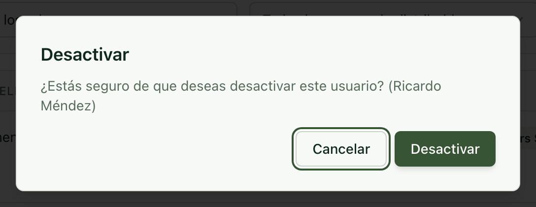 Confirmación para desactivar a un usuario