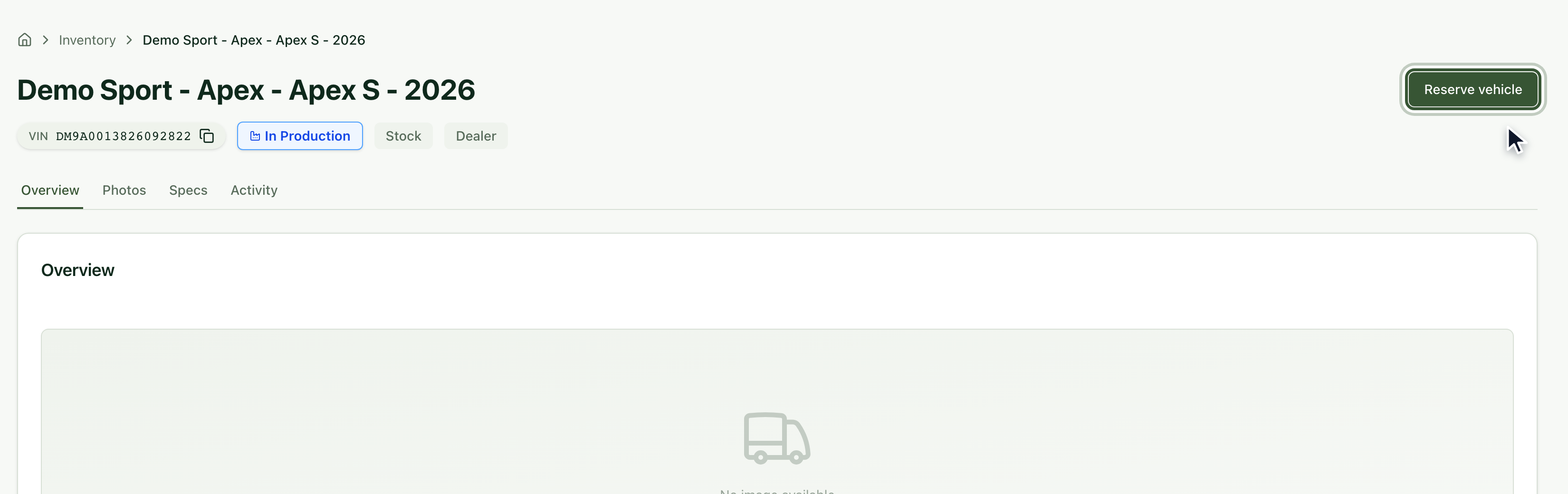 Vehicle page with the Reserve vehicle button highlighted