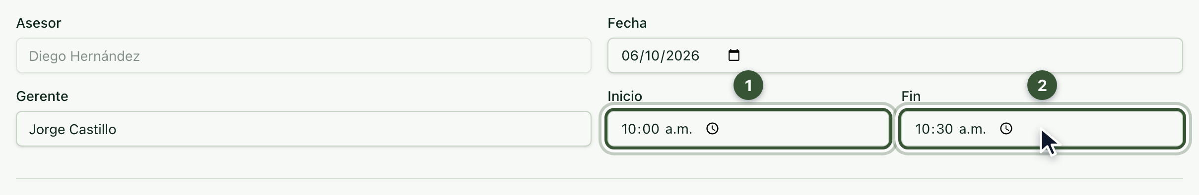 Encabezado de la minuta con fecha, gerente y las horas de inicio y fin