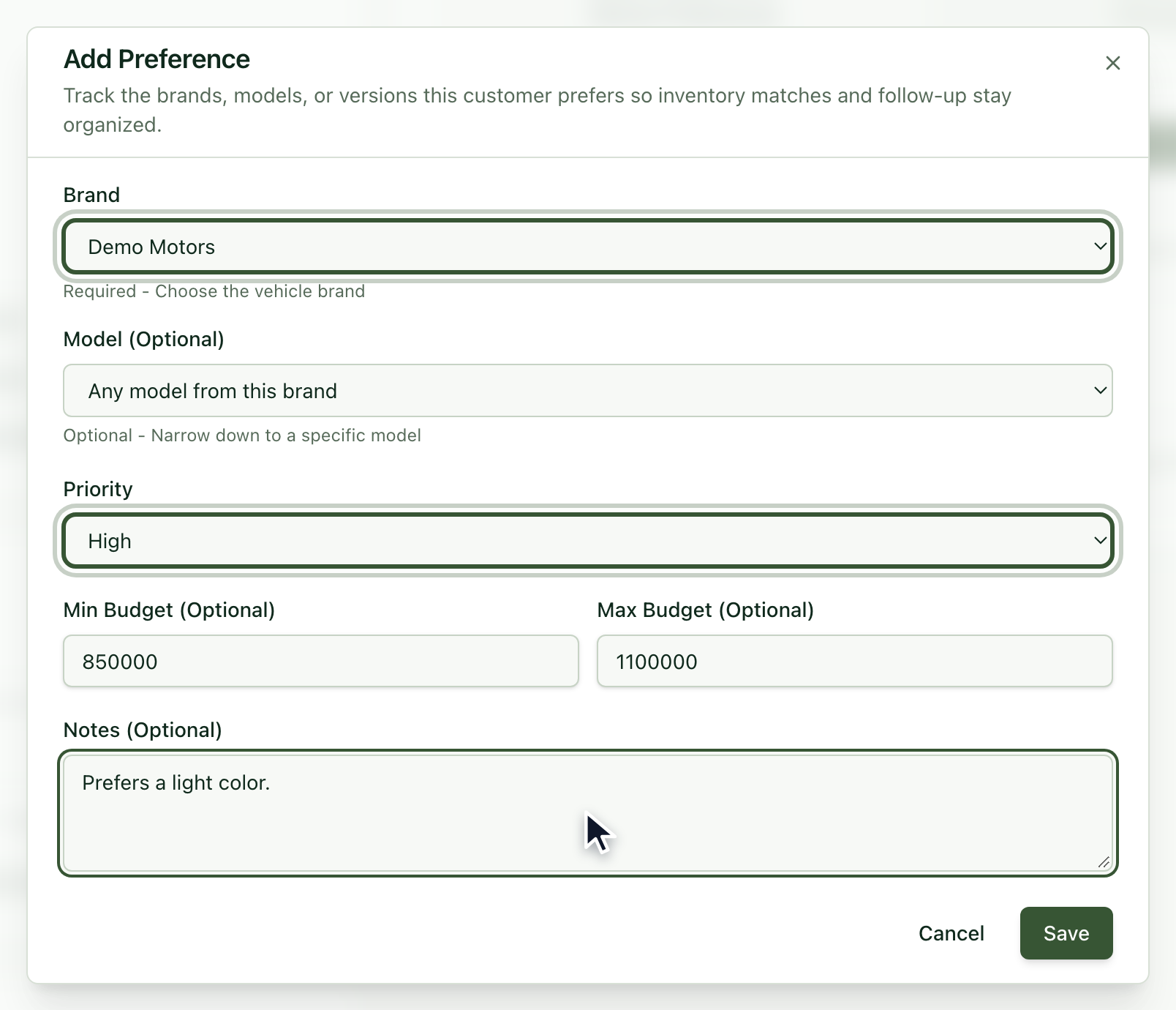 Add Preference dialog with brand, priority and budget
