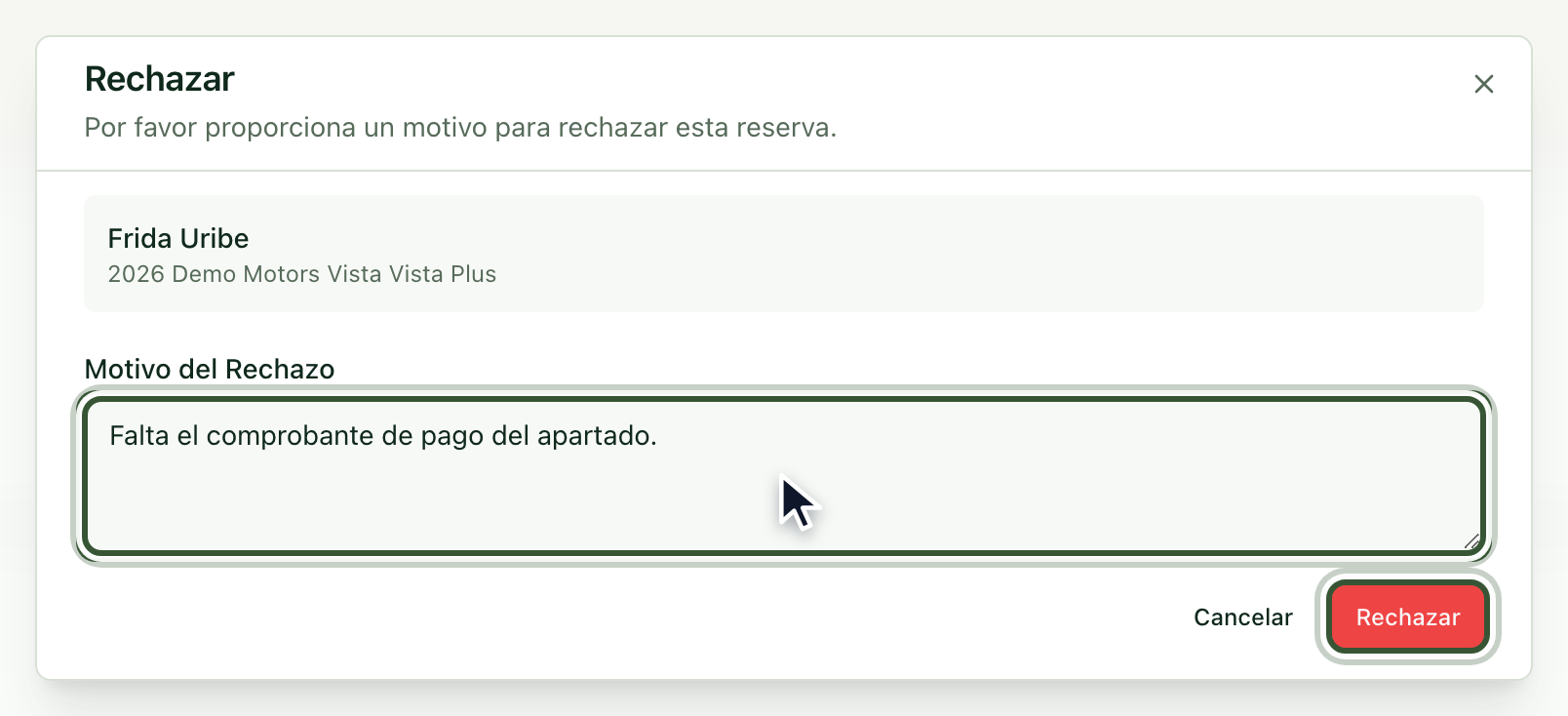 Ventana para rechazar la reserva con el motivo escrito