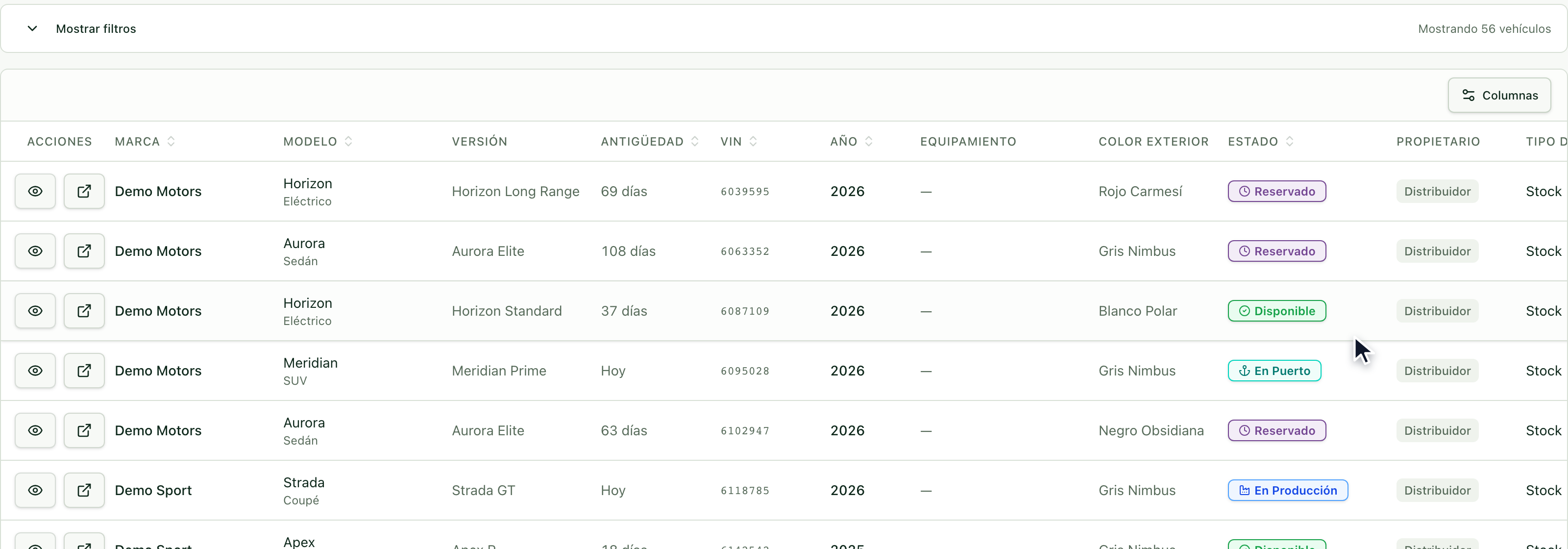 Lista de inventario con el estado Disponible resaltado