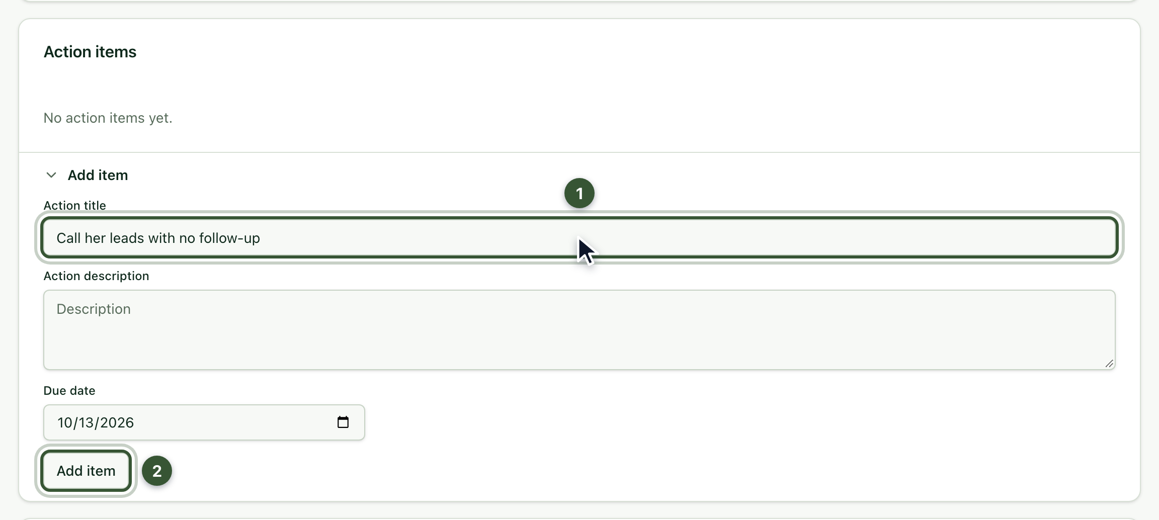 Action items card with the form to add an item