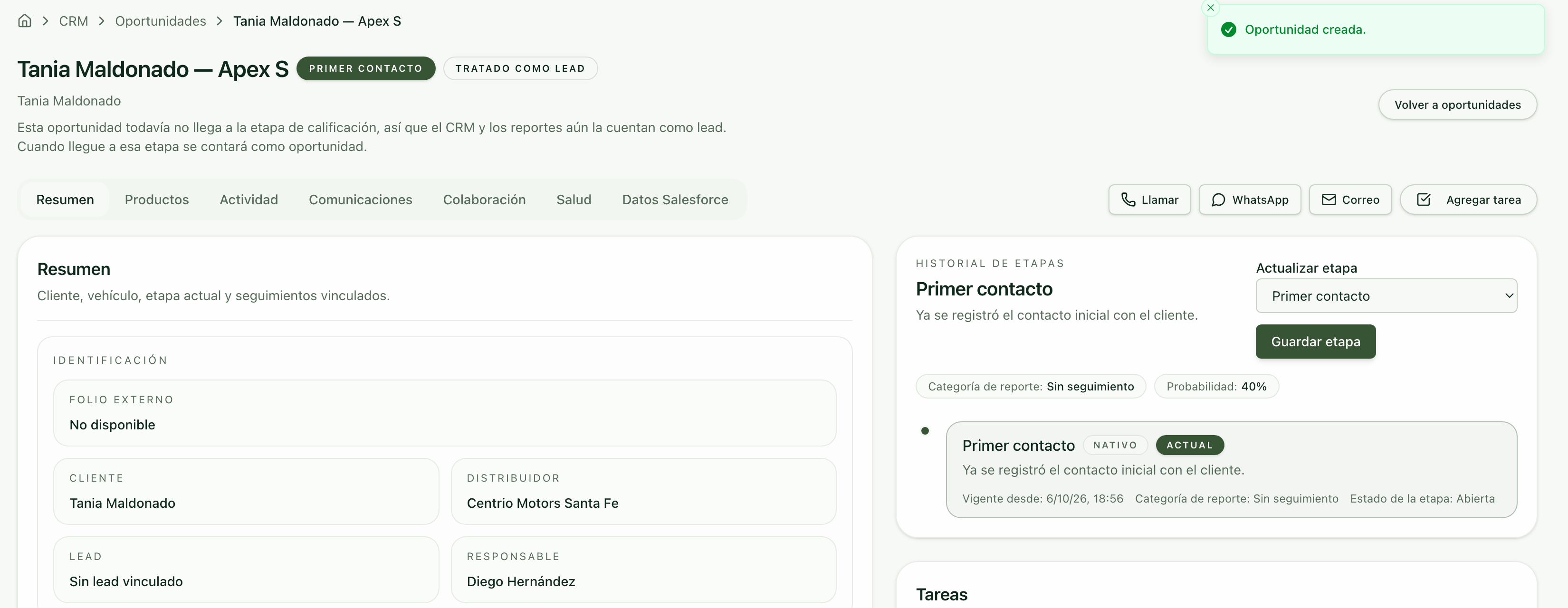 Ficha de la oportunidad recién creada