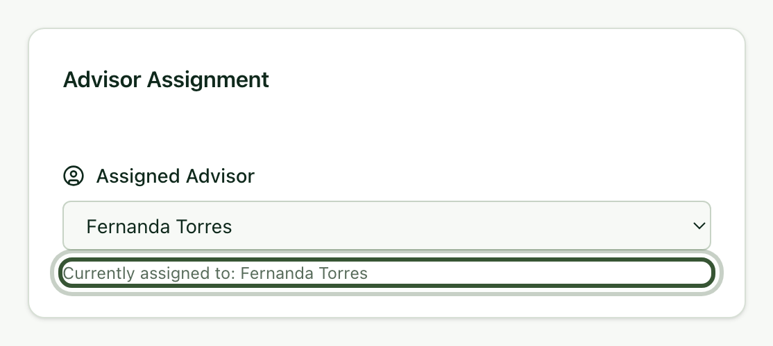 Advisor Assignment card with the current advisor