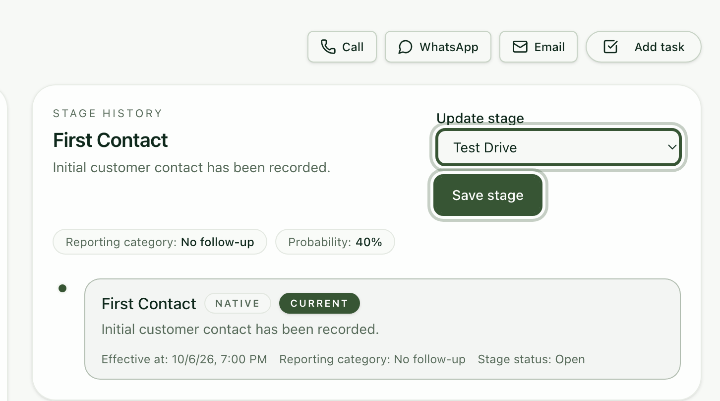 Stage history with Update stage set to Test drive and the Save stage button