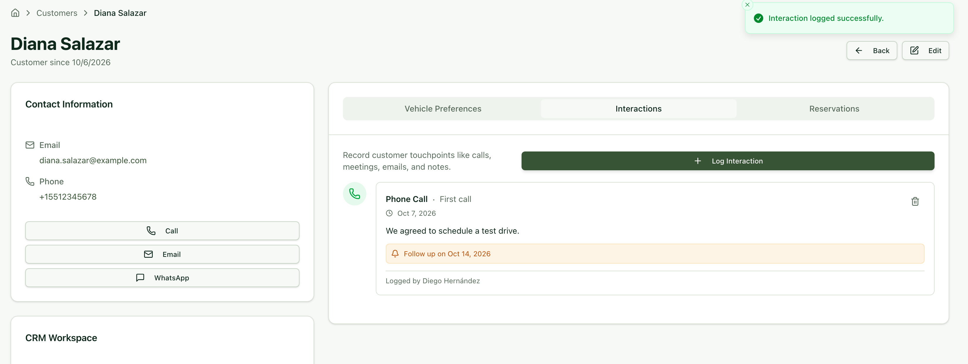 Interactions tab with the logged call and its follow-up date