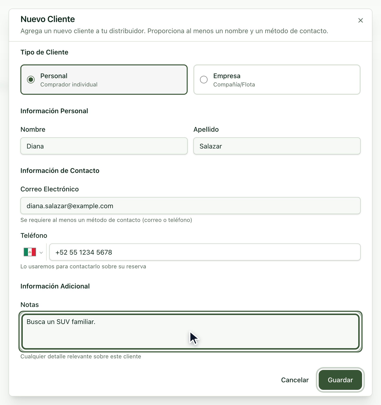 Formulario Nuevo Cliente con los datos capturados y el botón Guardar