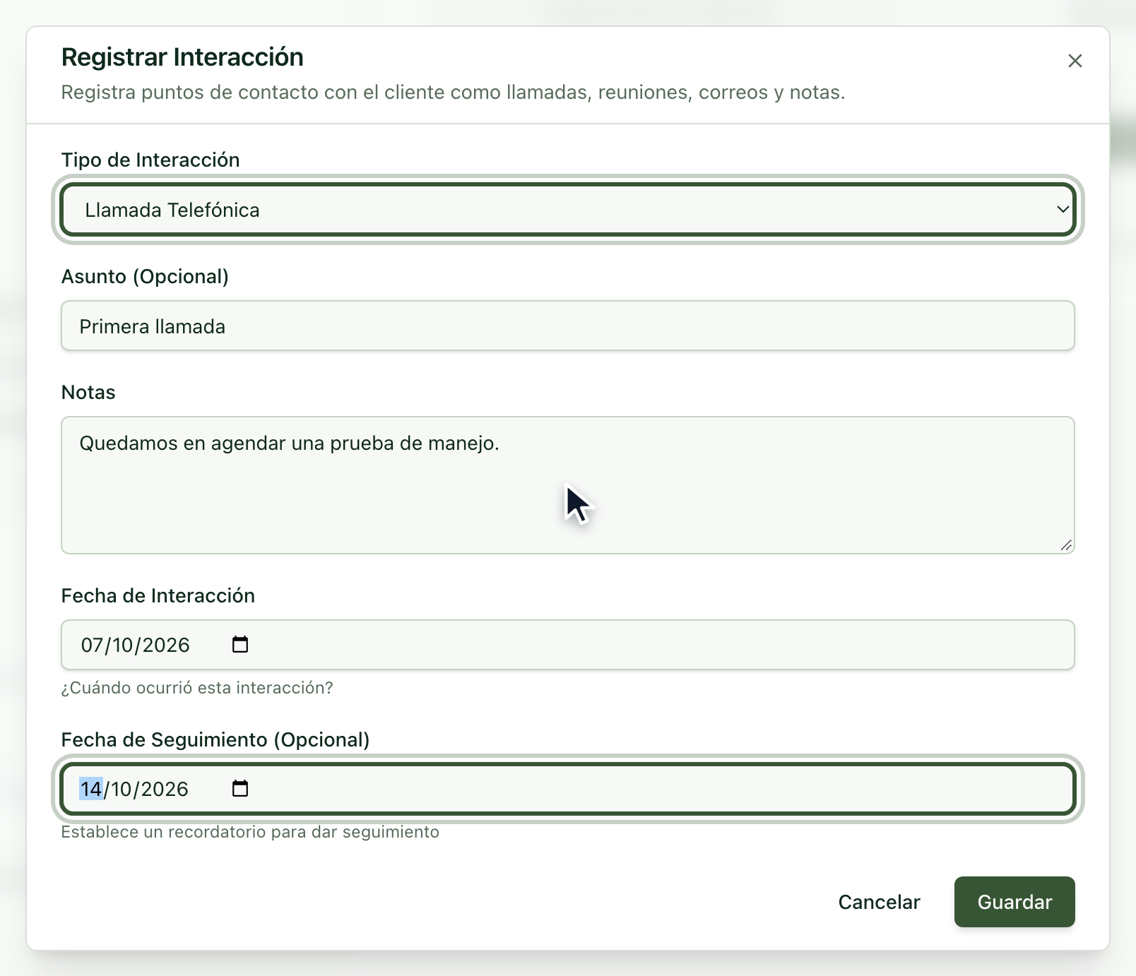 Diálogo Registrar Interacción con tipo, asunto, notas y fechas