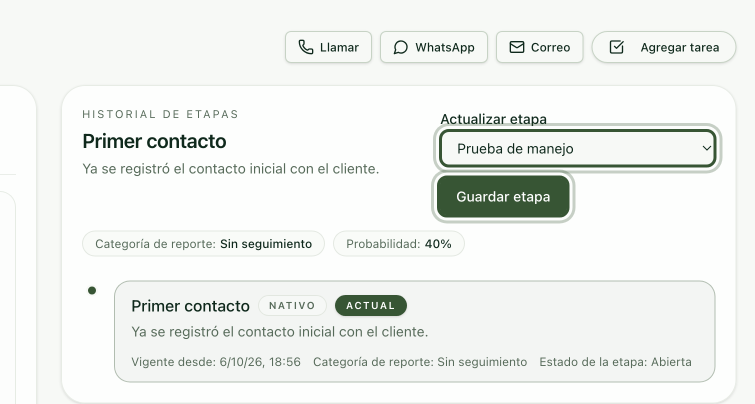 Historial de etapas con Actualizar etapa en Prueba de manejo y el botón Guardar etapa