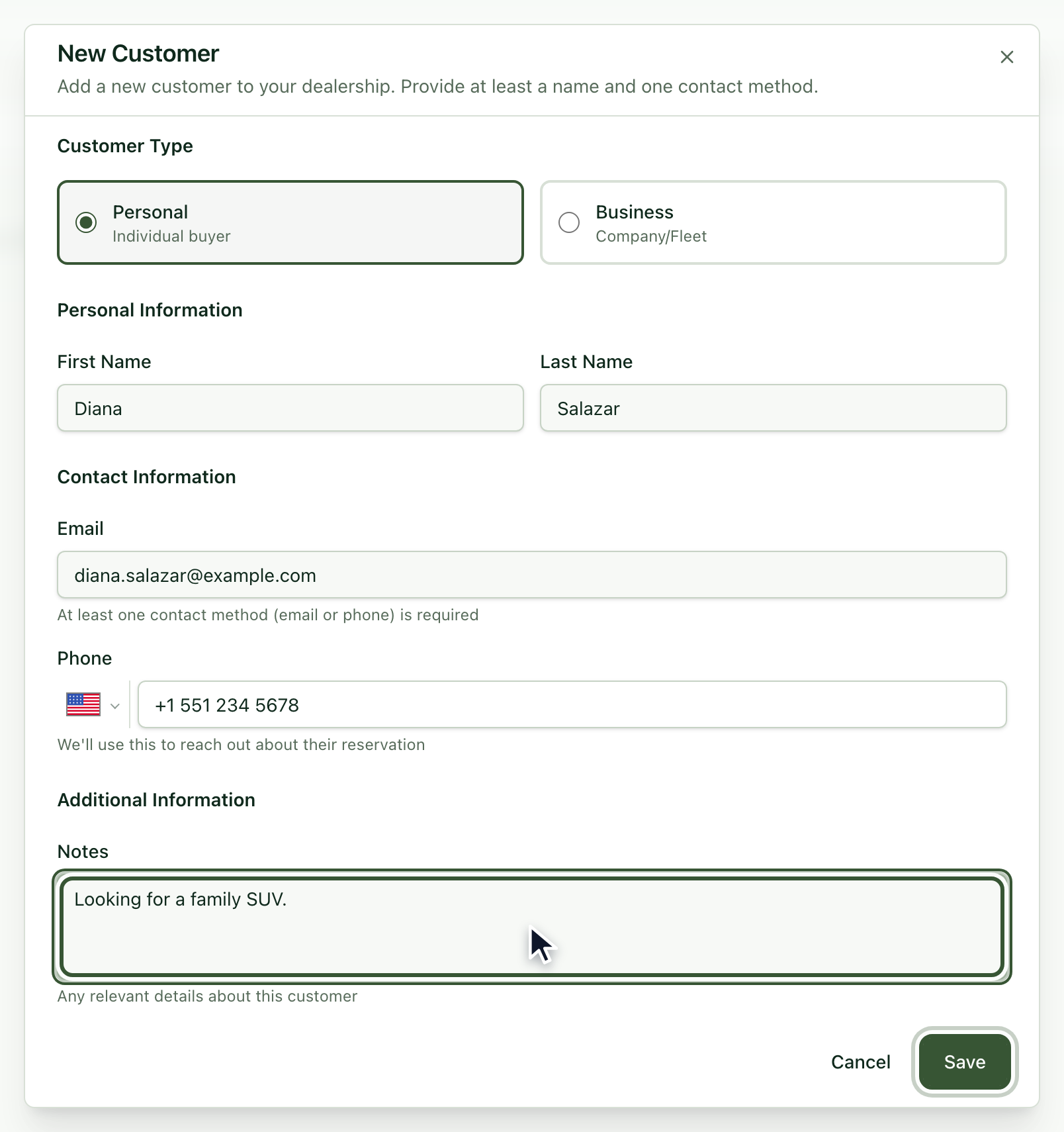 New Customer form with the details filled in and the Save button