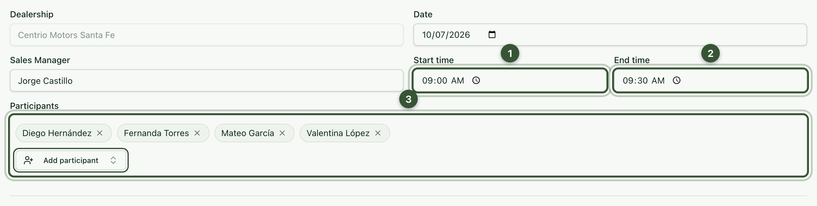 Weekly minutes header with times and participants