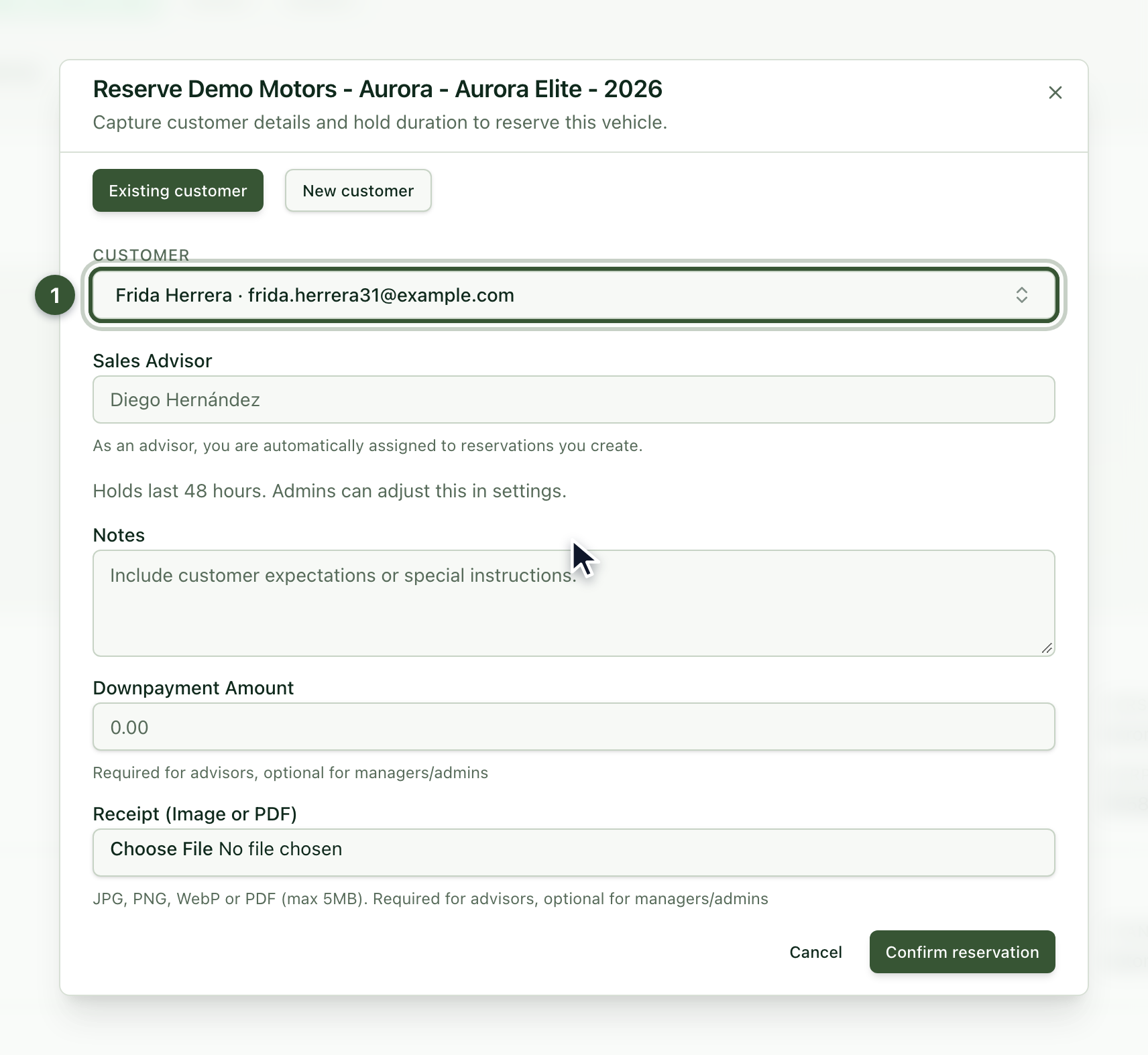 Reservation dialog with the customer selected in the list