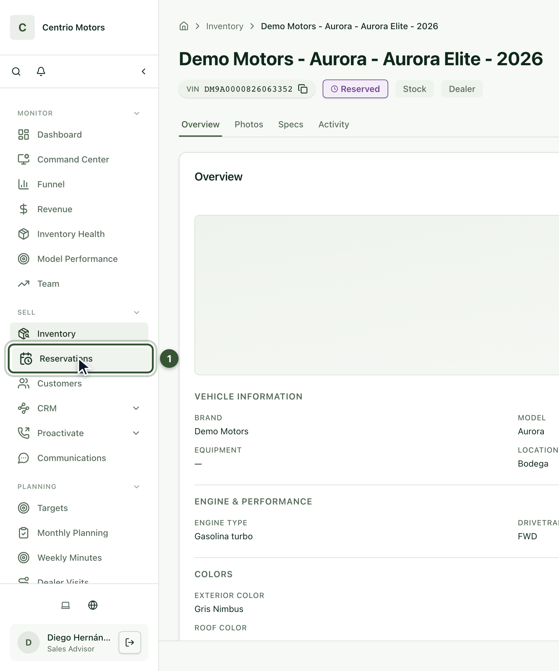 Sidebar with Reservations highlighted