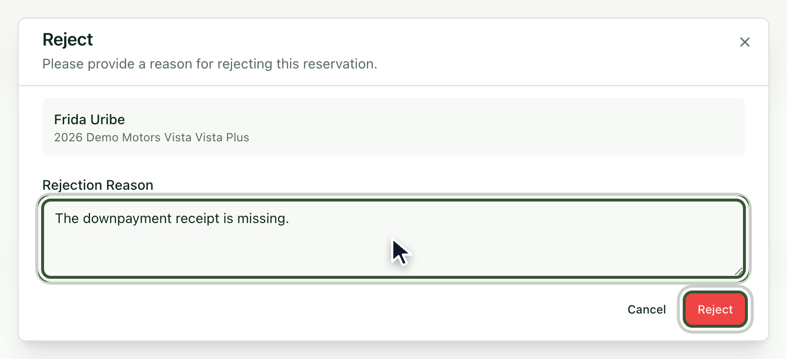 Window to reject the reservation with the reason written
