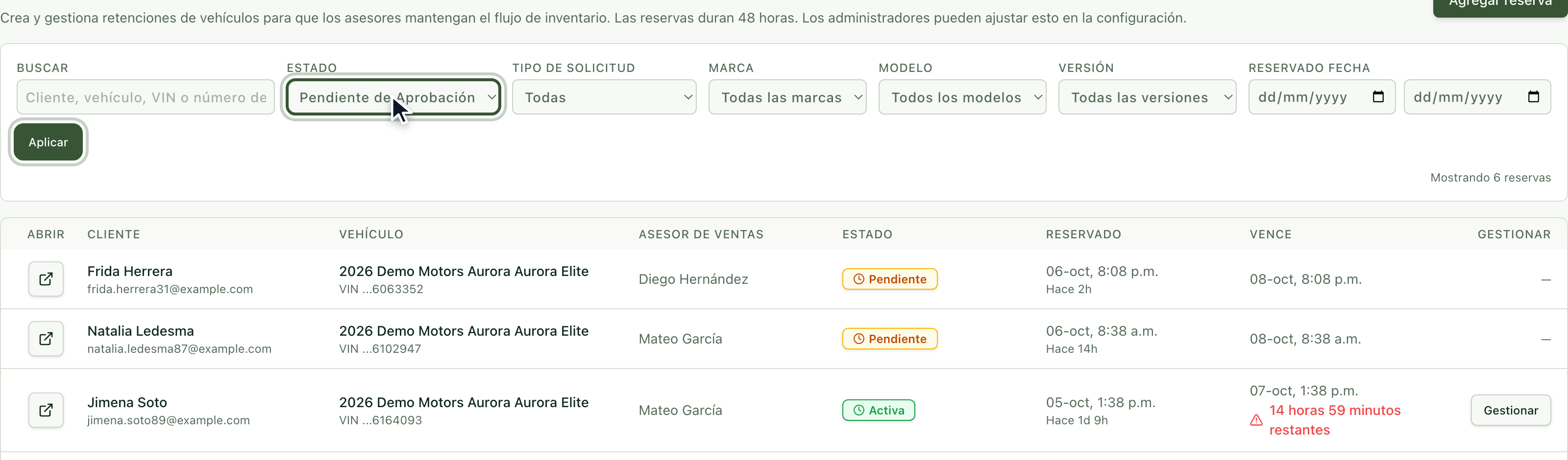 Lista de reservas con el filtro Estado y el botón Aplicar resaltados