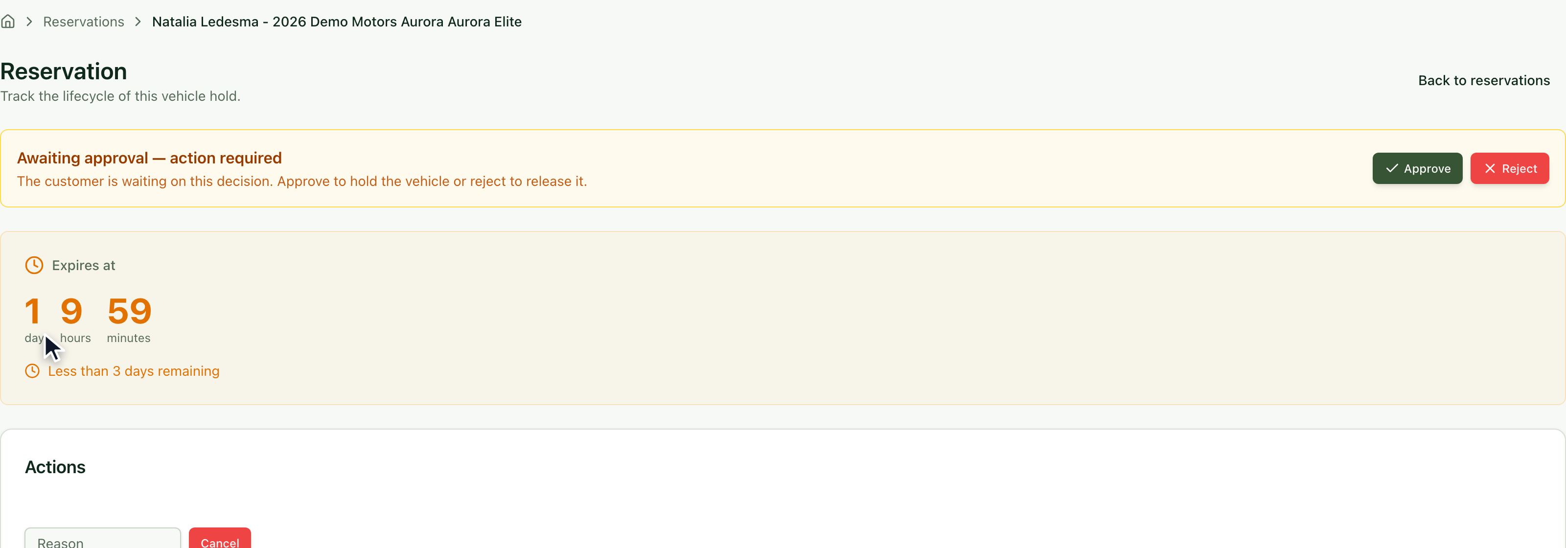 Pending reservation with the approval notice and the counter