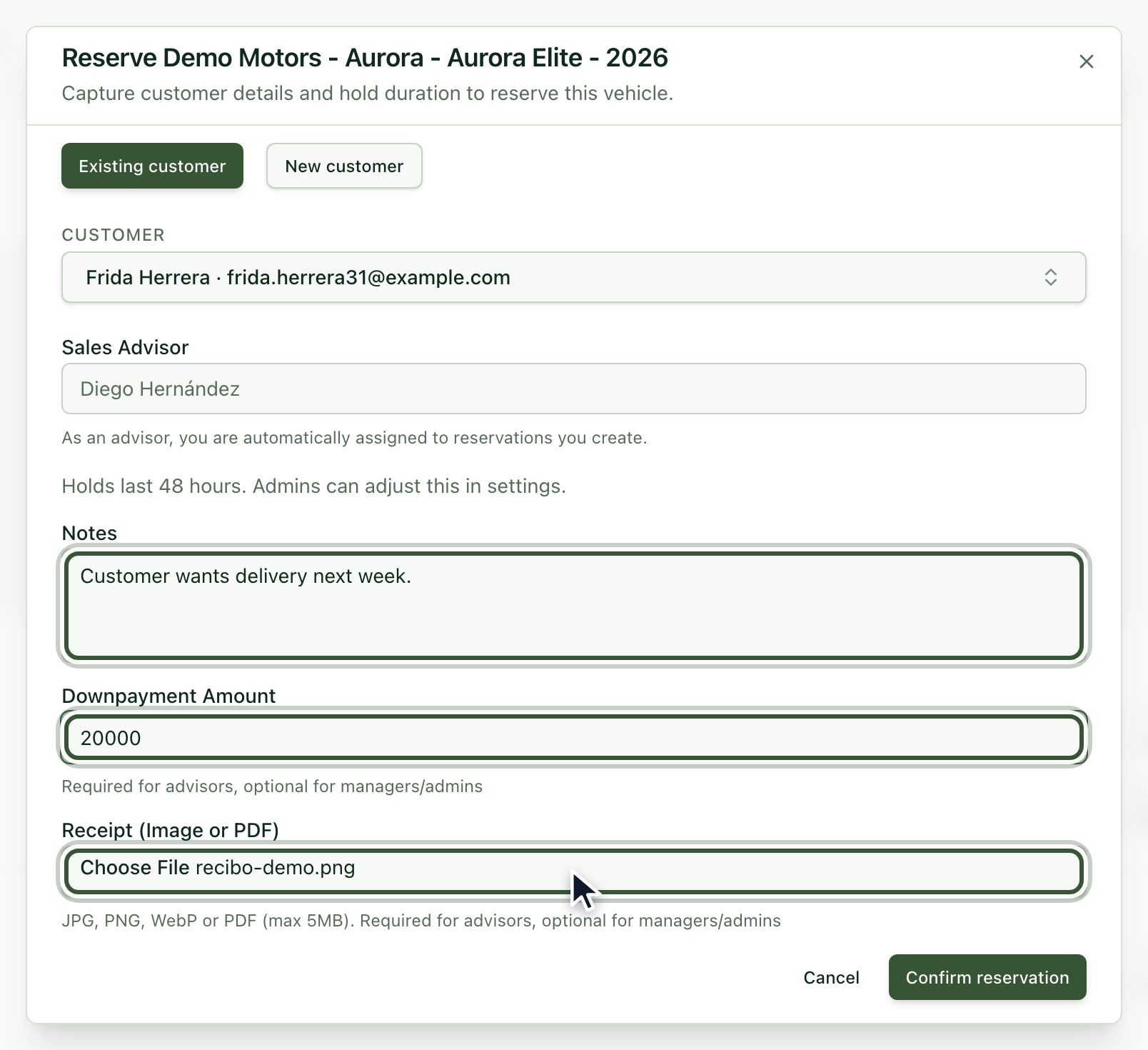 Reservation dialog with notes, downpayment amount and receipt filled in