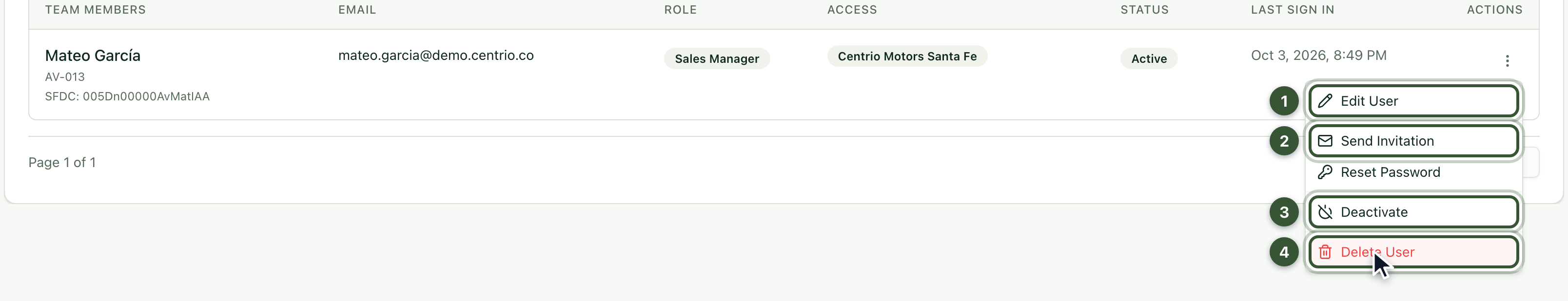 A user's actions menu