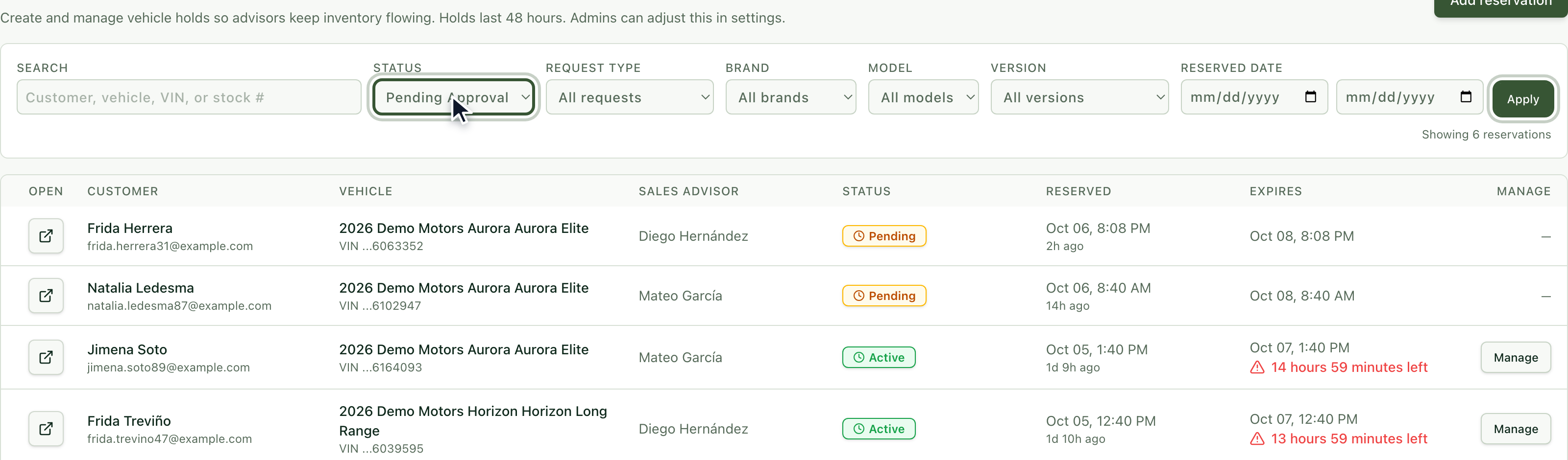 Reservations list with the Status filter and the Apply button highlighted