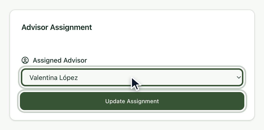 Advisor list with the new advisor selected and the Update Assignment button