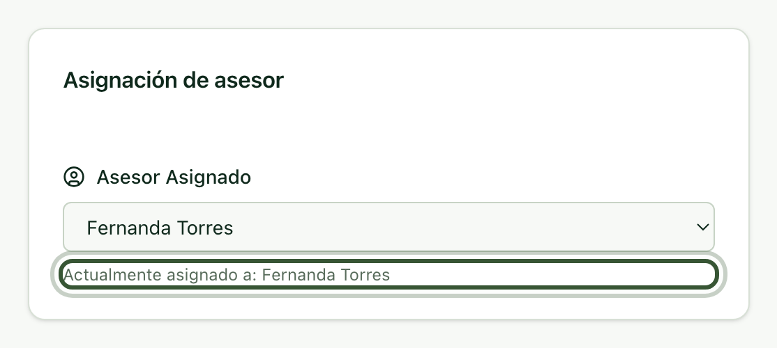 Tarjeta Asignación de asesor con el asesor actual