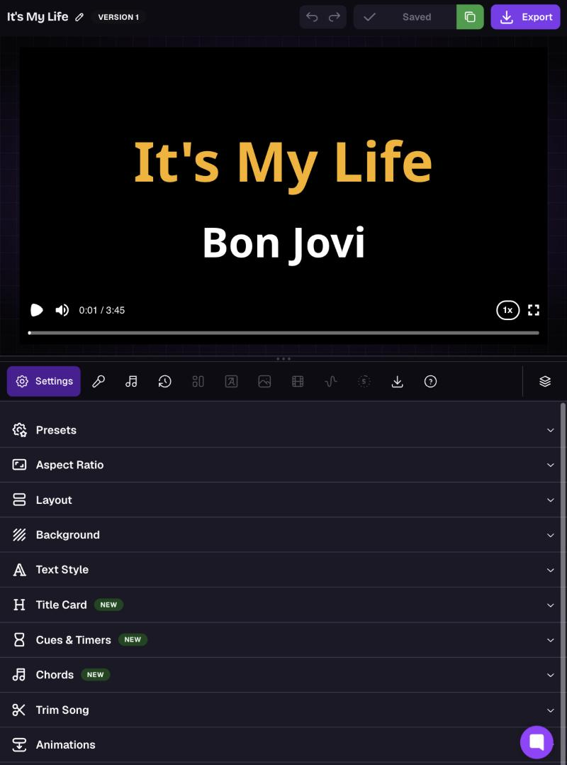 The editor on a tablet-sized screen with the player stacked above the tab row and settings