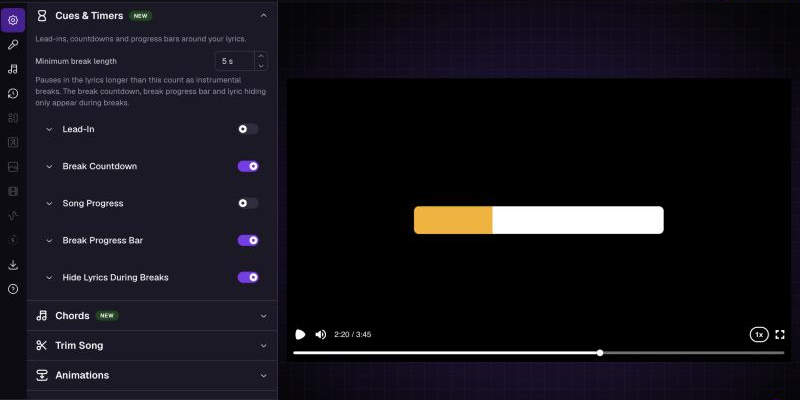 The Cues & Timers settings next to the video preview showing a break progress bar