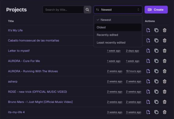 The dashboard project list with the sort dropdown open showing Newest, Oldest, Recently edited and Least recently edited