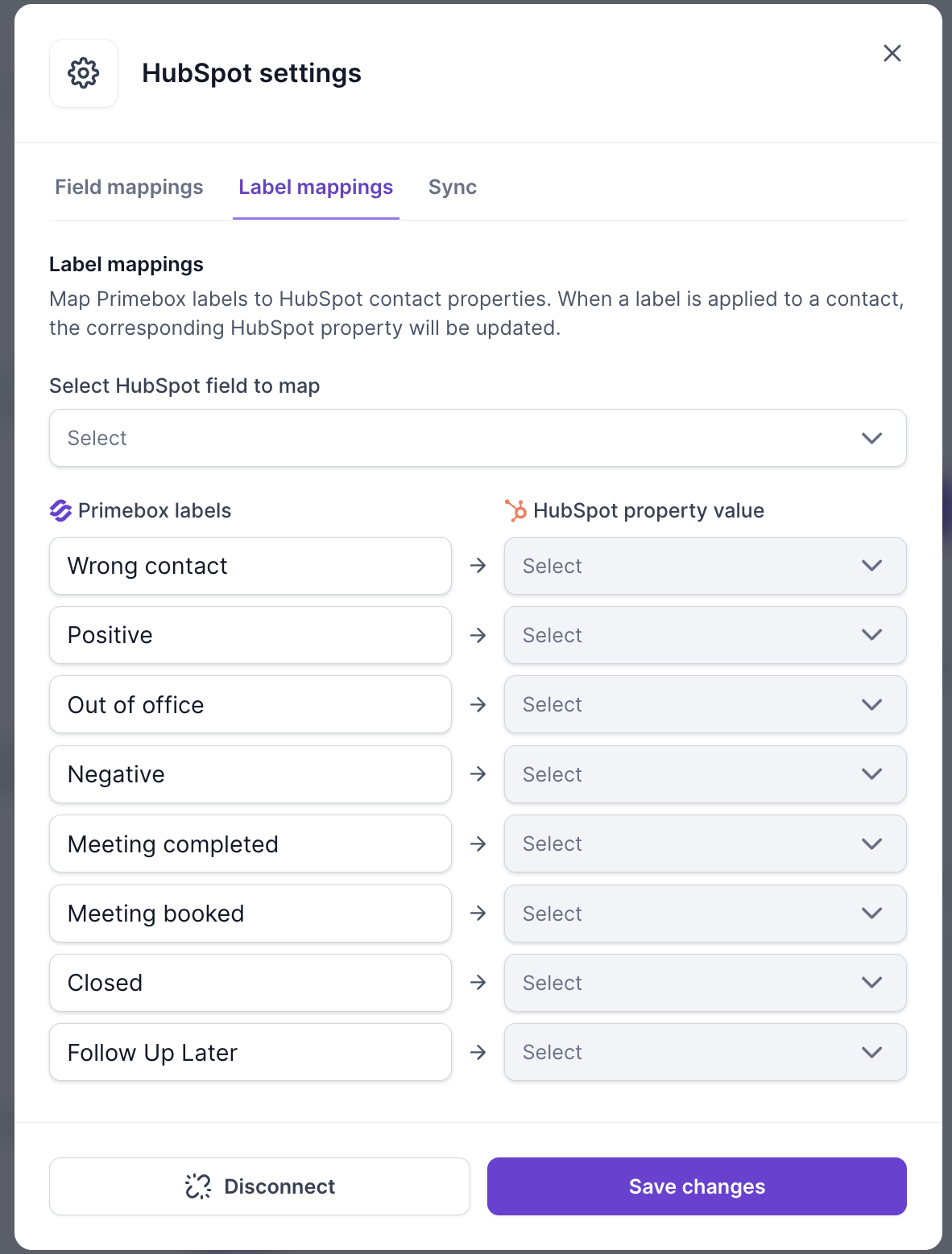HubSpot settings, Label mappings tab